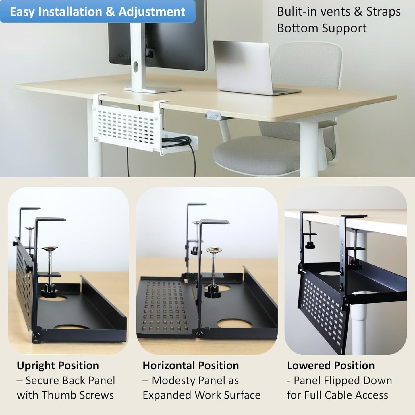 AEONS Universal Under Desk Cable Management Tray-Clamp Mount Hinged Swing Modesty Panel Organizer for Office Desks Easy Access Flip-Down position Power Strip Cord Storage No-Drill 25 lb Capacity White
