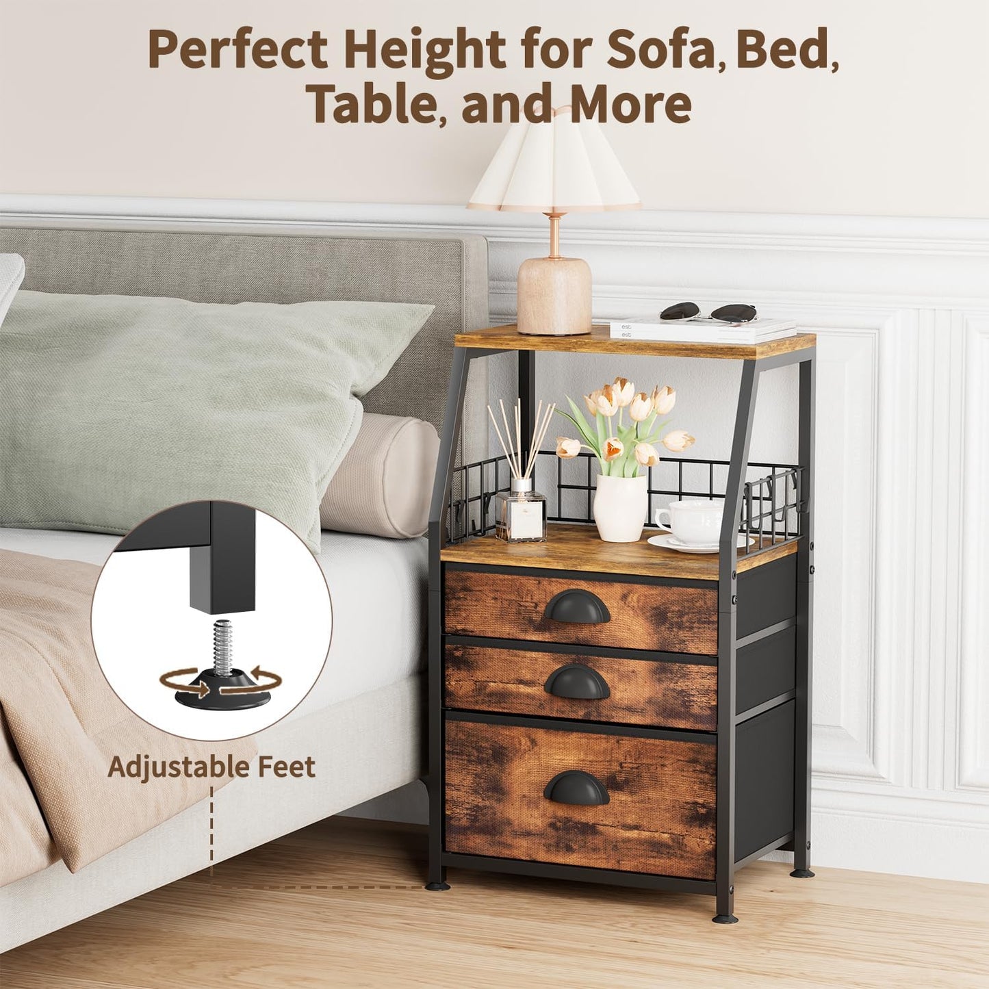 LASZOLA 3 Fabric Drawers Organizer Tower with 6 Hooks and 2 Shelves, Small End Side Table for Printer with Chest of Files Drawers, Ideal for Bedroom Living Room Office Dorm Under Desk, Rustic Bronze