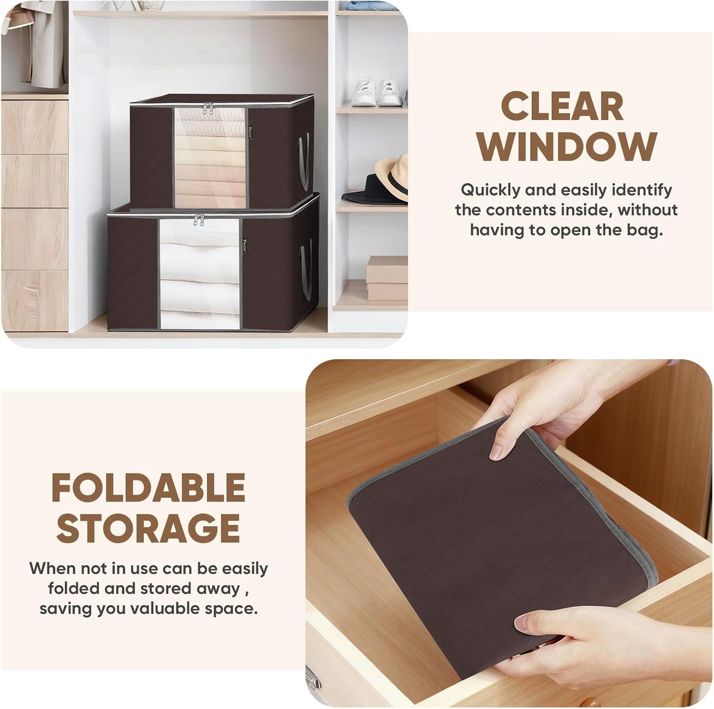 BALEINE 4 Pack Clothes Storage Bags, 16 Gallon Storage Containers with Reinforced Handle, Sturdy Zipper, Closet Organizer for Blanket, Comforter, Pillow, Bedding (Brown, 4 Pack)