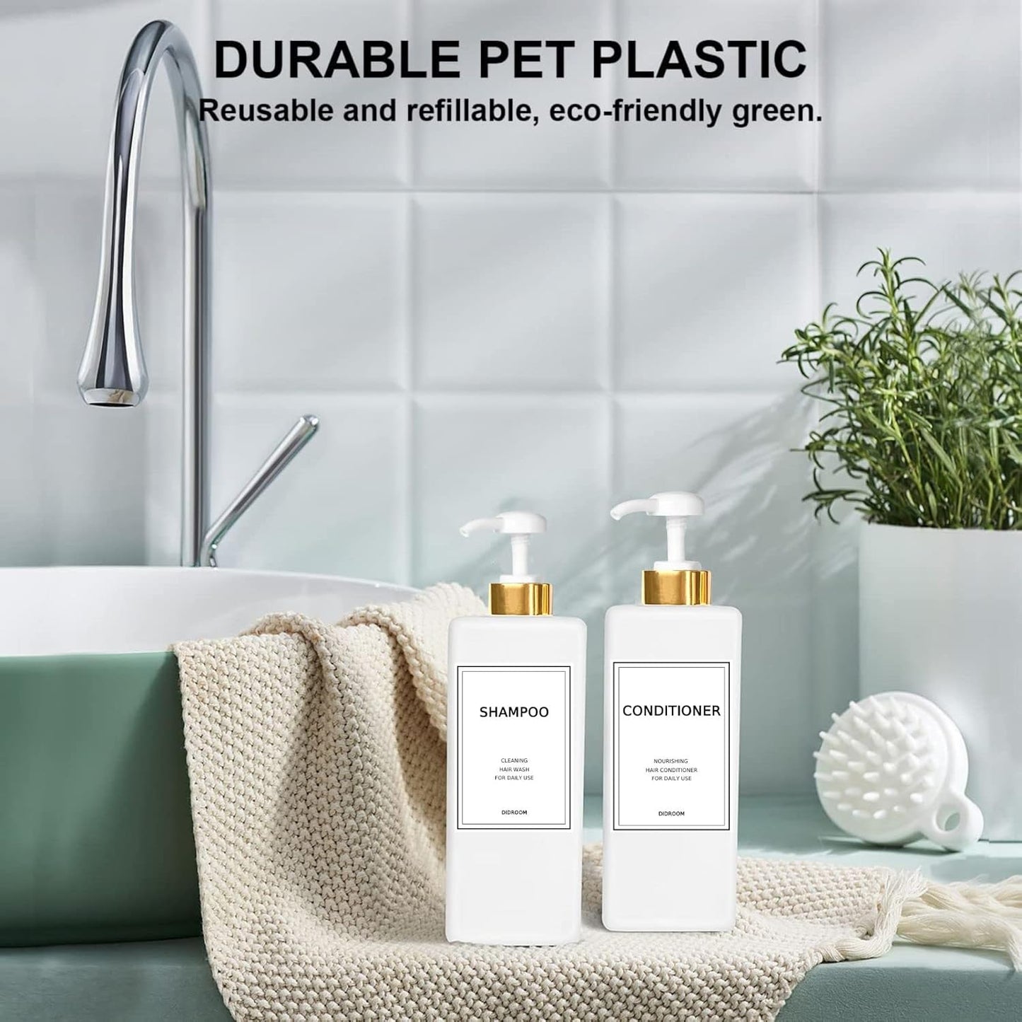 DIDROOM Modern Gold Shampoo and Conditioner Dispenser (21 oz,Pack of 3) Refillable Pump Bottle Set Empty Shower Plastic Bottles with for Bathroom Body Wash Soap Shower,3 Types Labels,Gold&white