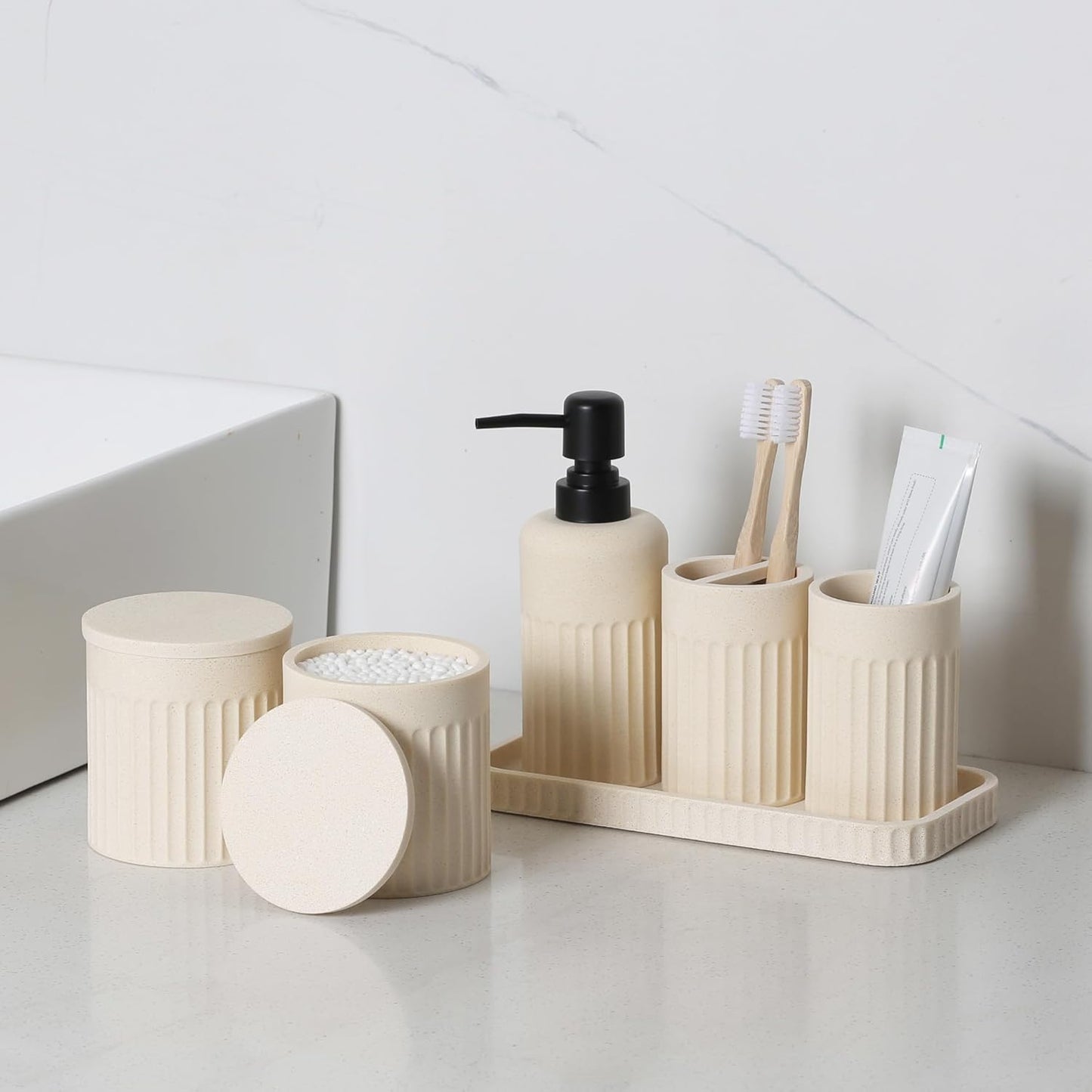 Bathroom Accessory Set - 6 Pieces Bathroom Accessories Set Complete with Soap Dispenser, Toothbrush Holders, Tumbler, Vanity Tray and 2 Qtip Holder for Home Organizer and Decor, Beige