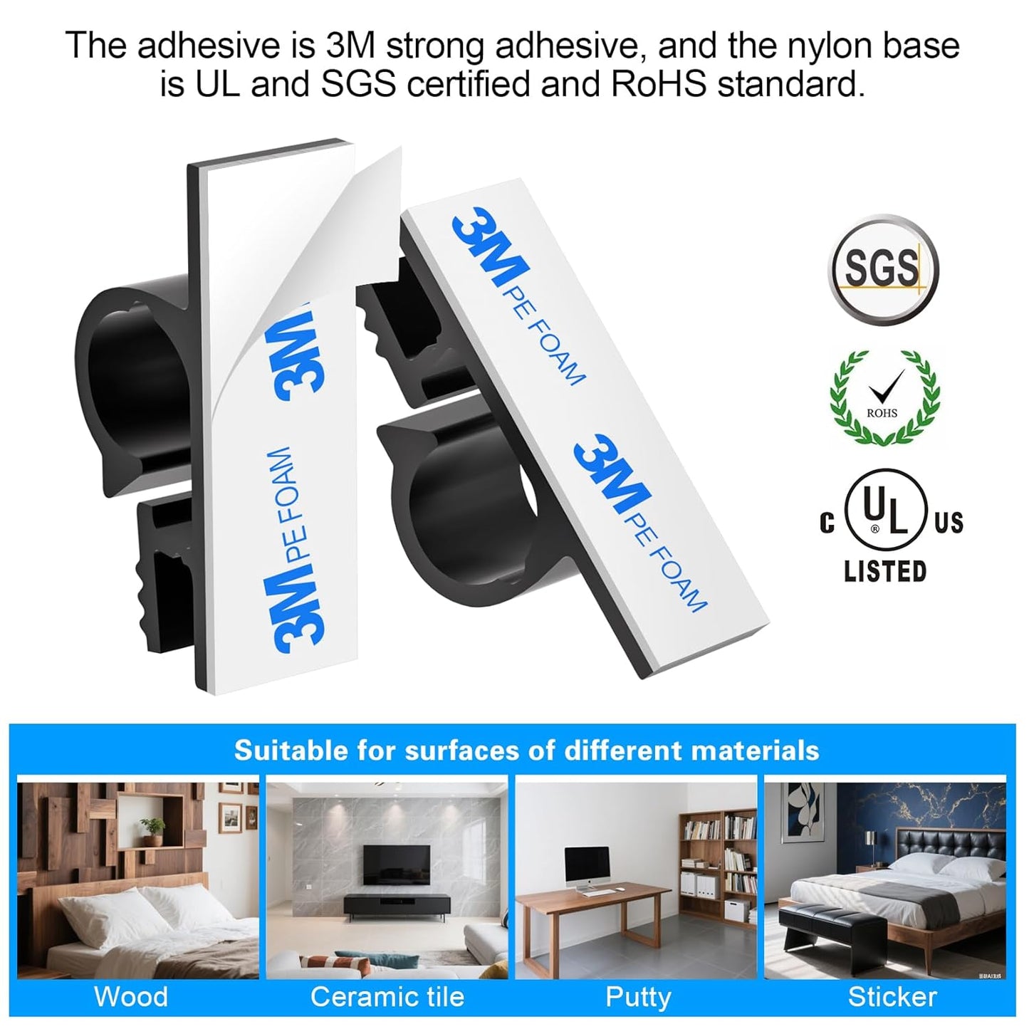 XHF 100pcs Adhesive Cable Wire Clips Black, Outdoor Cable Management Wire Organizer Cord Holder for Under Desk, Car, Wall, TV PC Ethernet Cable