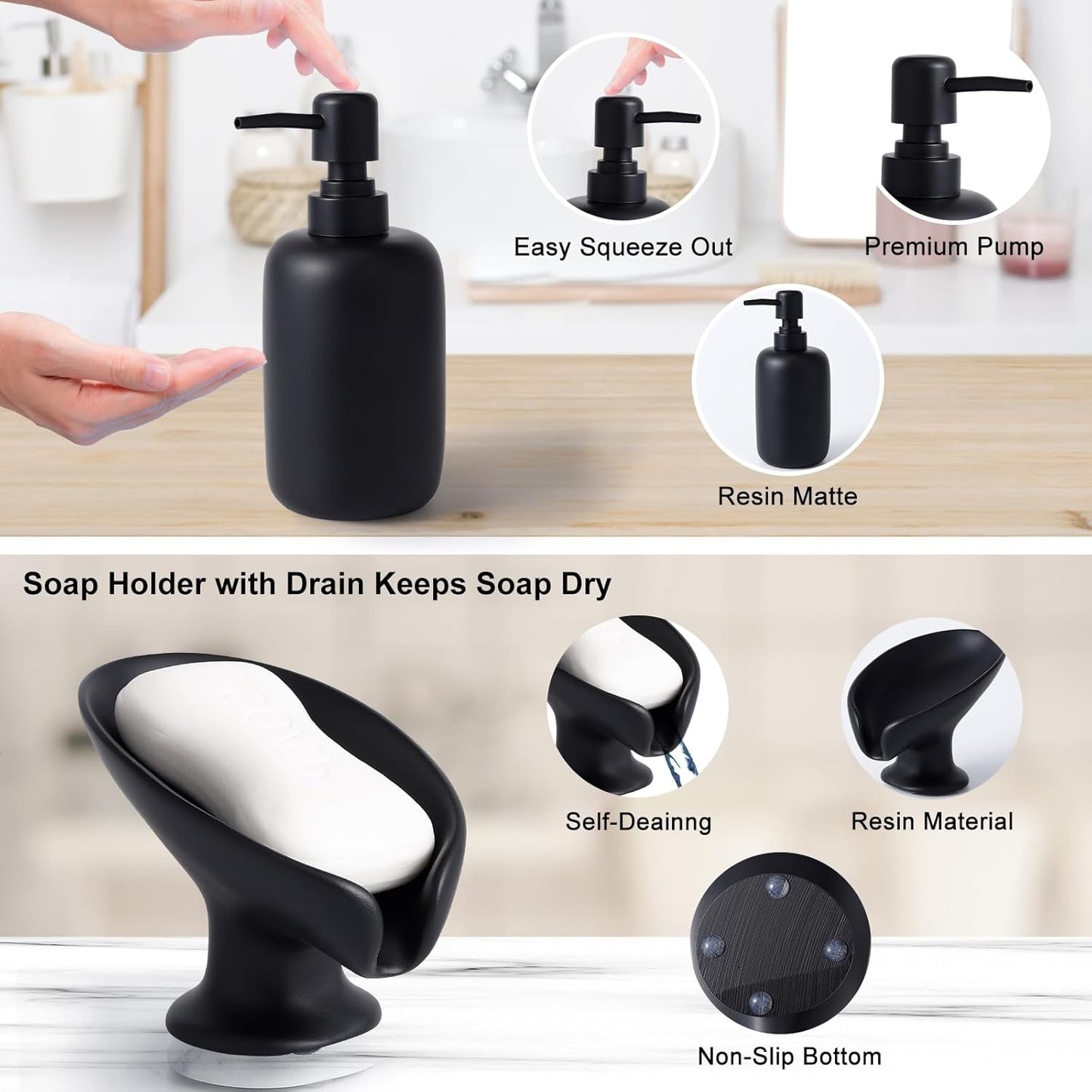 Resin Matte Black Bathroom Accessories Set of 5, Lotion Soap Dispenser, Bathroom Organizer Accessory, Toothbrush Holder, Self Draining Soap Dish and Bathroom Tumbler for Modern Home Decor
