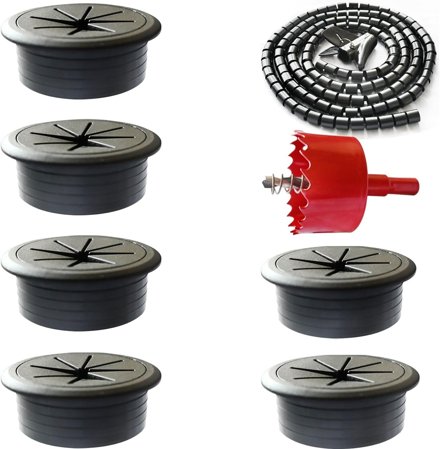6 Pcs Desk Grommet, Black Desk Hole Cover for Cables with BI-Metal Hole Saw Kit, 2m Cable Sleeve Organizer and Clip Optimize The Management of Wire Winding Easily Achieve Desktop Clean