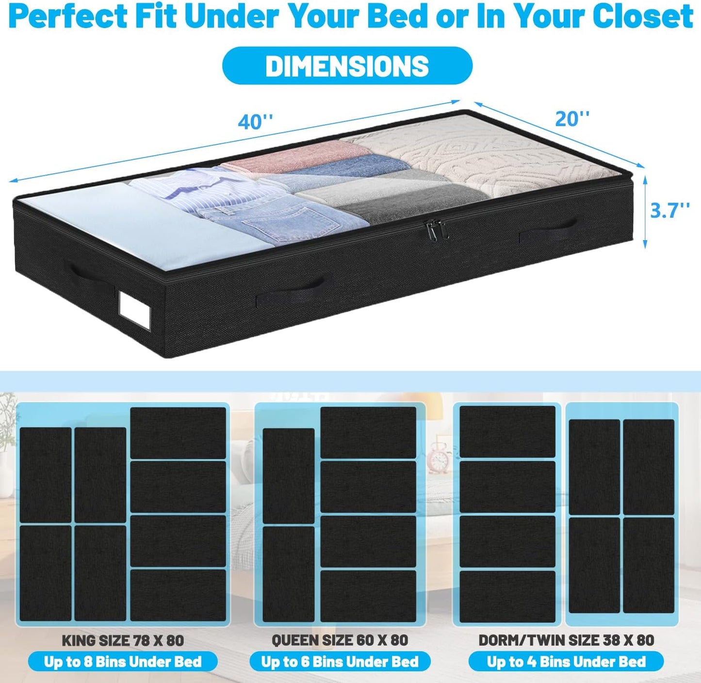 4 Inch Low Profile Under Bed Storage Drawer 4 Pack, Lightweight Underbed Clothes Storage Container Bins with NO STURCTURE, Shallow Storage Bag for Dorm & Home, With Clear Lids and Waterproof Fabric