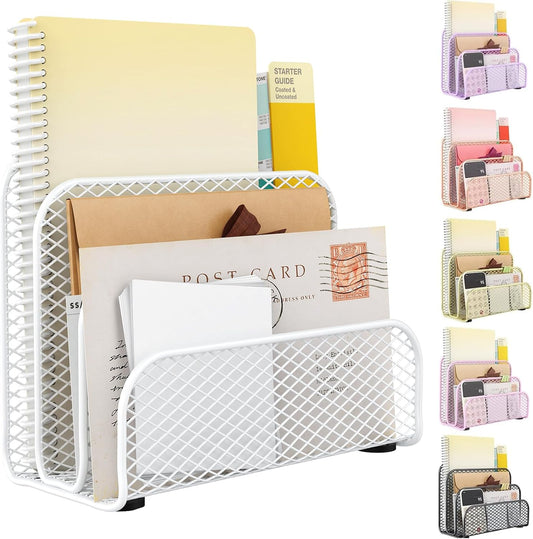 gianotter Mail Organizer Countertop, Metal File Holder with 3-Slot, Bill Organizer for Office Receipts and Letter Paper Storage (White)