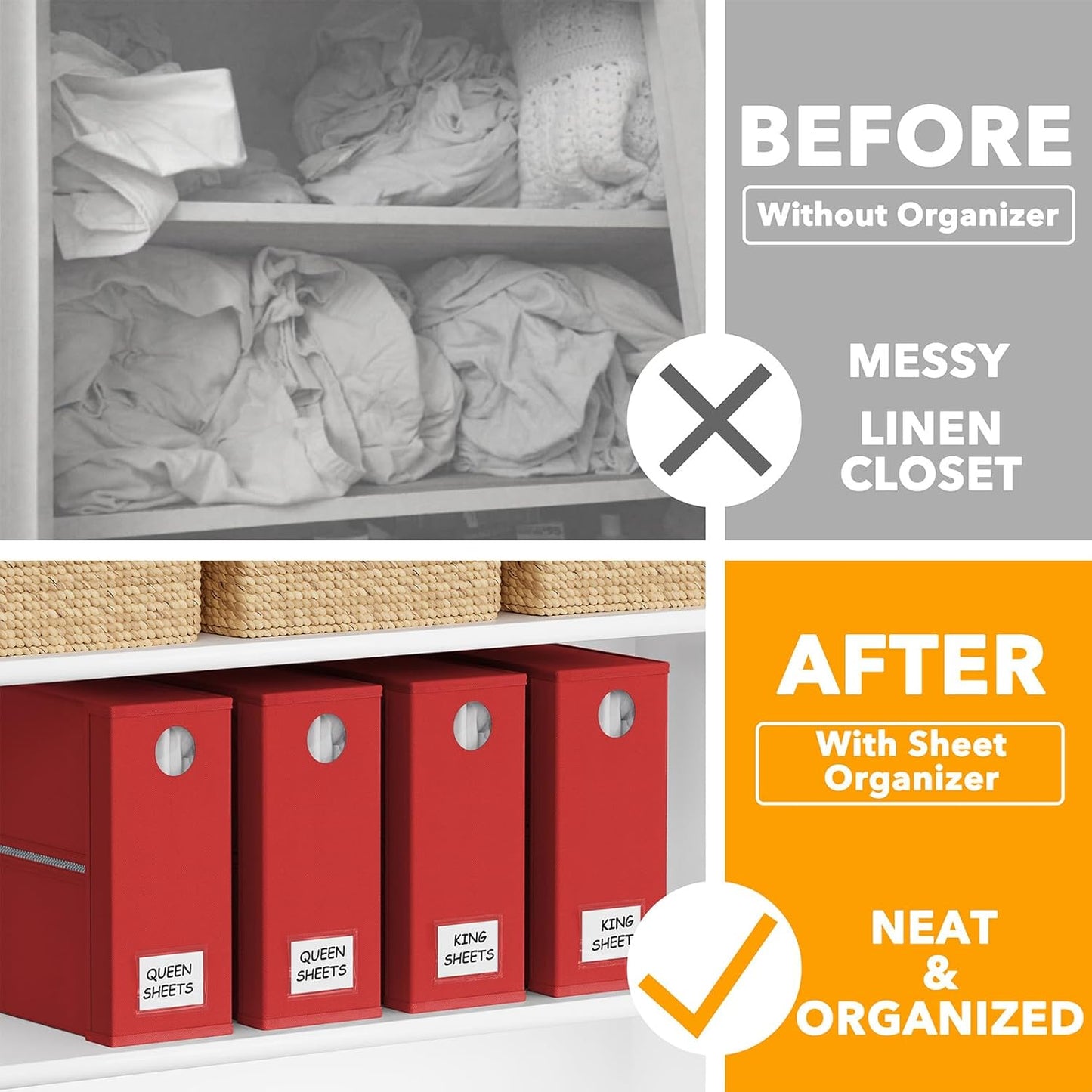 SpaceAid 4 Pack Bed Sheet Organizers and Storage, Foldable Sheet Organizer for Linen Closet, Sheets Set Folder Keeper with Window XL (Queen & King Size) Bedding Container (Red, 4 Pack)