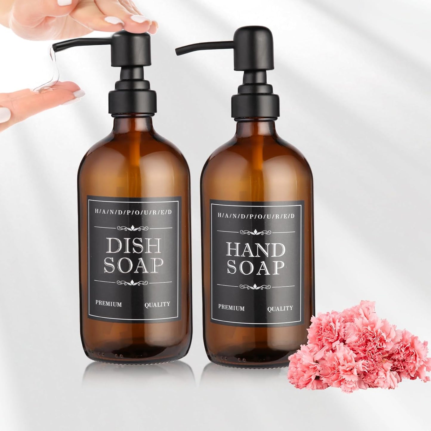 2 Pack Brown Glass Bottle, Soap Dispenser with Stainless Steel Pump,17 oz Upgrade Hand and Dish Soap Dispensers Kitchen, Hand Soap Dispenser Bathroom Accessories for Hotel, Vacation Rental, Restaurant