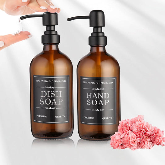 2 Pack Brown Glass Bottle, Soap Dispenser with Stainless Steel Pump,17 oz Upgrade Hand and Dish Soap Dispensers Kitchen, Hand Soap Dispenser Bathroom Accessories for Hotel, Vacation Rental, Restaurant