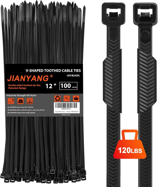 Zip Ties Heavy Duty 12 inch，V-Shaped Toothed Double Sided With 120 LBS Tensile Strength Cable Ties ，Extra Large Wire Ties Adjustable Nylon Tie Wraps for Indoor Outdoor Patented Design（100 Pack Black）