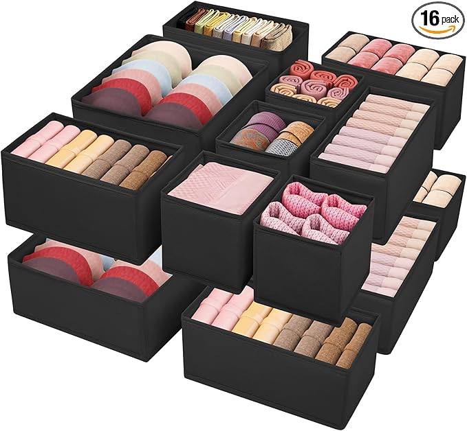 Drawer Clothes Organizer 16-Pack, Black 3 Sizes Underwear Drawer Dividers, Fabric Folding Wardrobe Organizer, Can Store Baby Clothes, Bras, Underwear, Panties, Belts, Socks, Ties, etc.