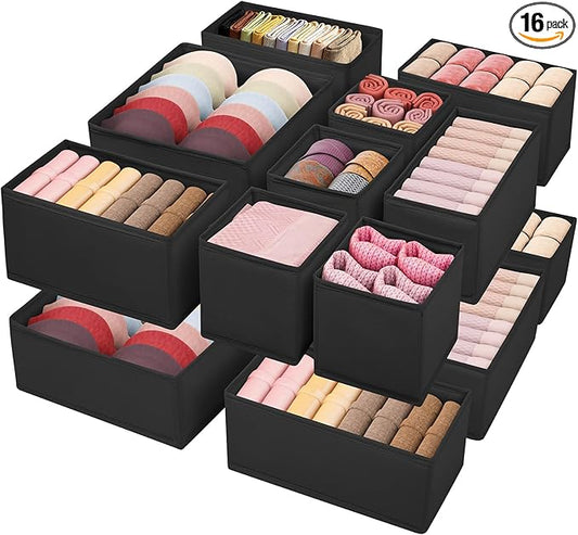 Drawer Clothes Organizer 16-Pack, Black 3 Sizes Underwear Drawer Dividers, Fabric Folding Wardrobe Organizer, Can Store Baby Clothes, Bras, Underwear, Panties, Belts, Socks, Ties, etc.