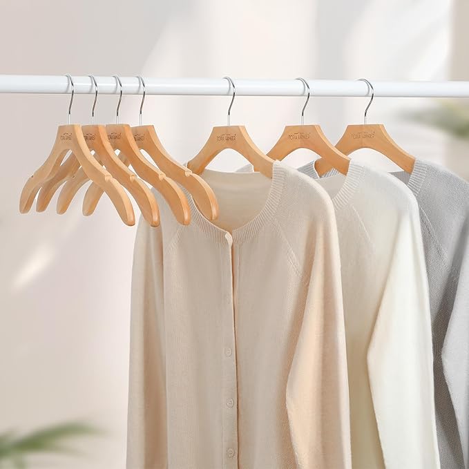 TOPIA HANGER Wooden Coat Hangers 24 Pack, Premium Wood Top Suit Hangers with No Shoulder Bump, 360° Swivel Hook and Cut Notches Clothes Hangers for Sweater, Coat, Shirts, Jackets, Dress, Natural CT85N