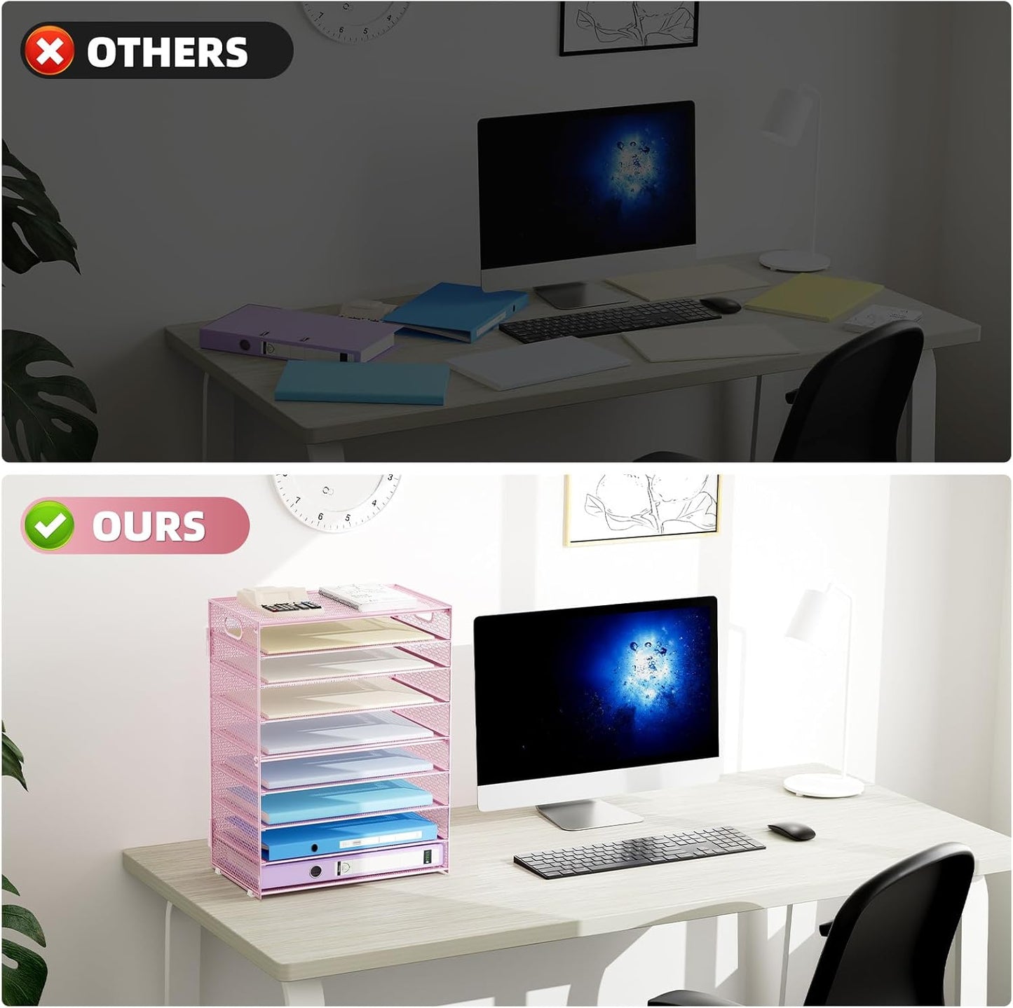 Marbrasse Paper Organizer Letter Tray, 9 Tier Mesh File Organizer with Handle, Paper Sorter Desk Organizer for Home Office Supplies - Pink