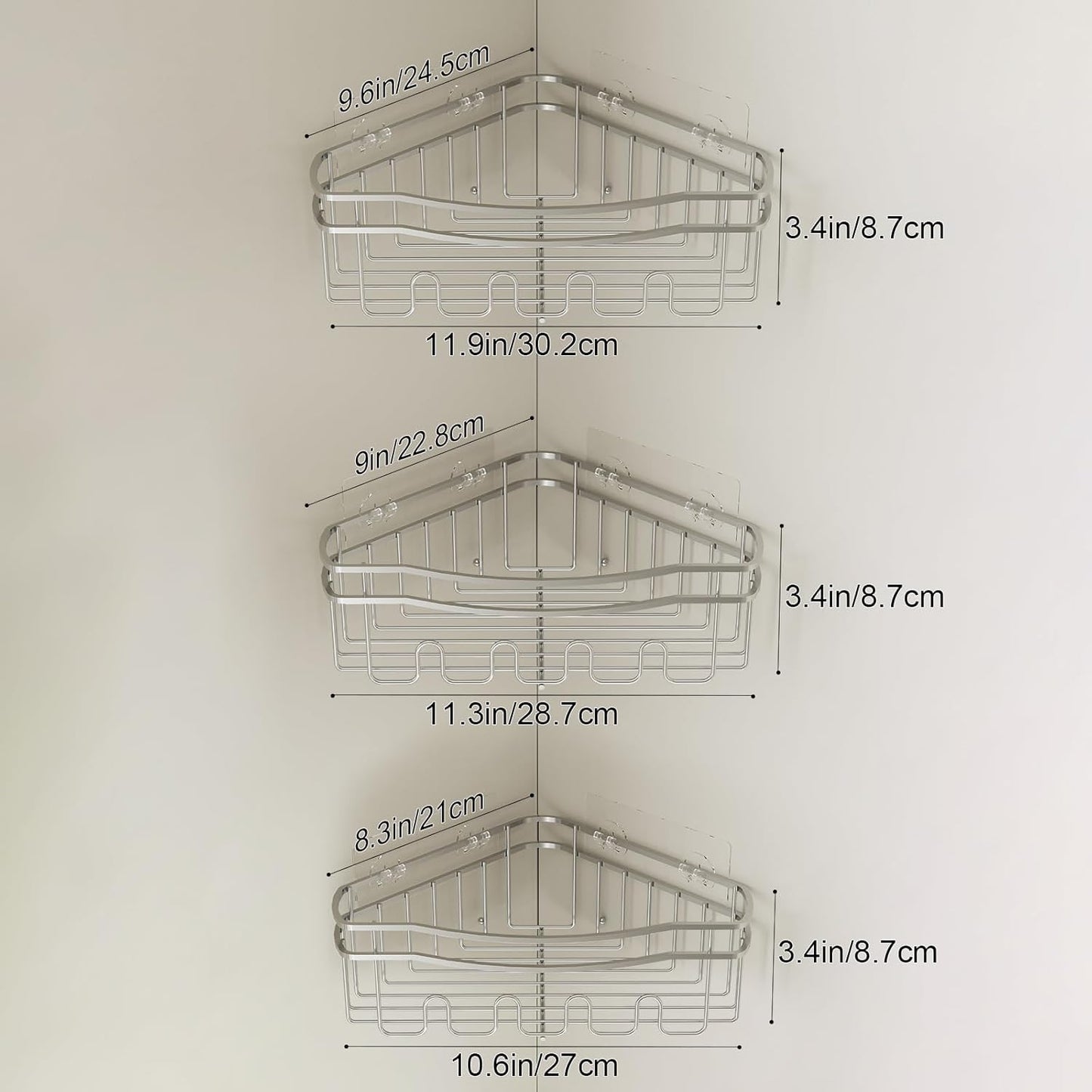 Chrome corner shower caddy with depth caddy and Built in 12 hooks rustproof adhesive wall mounted shower shelf 3 pack chrome triangle shower storage for bathroom kitchen and laudry room