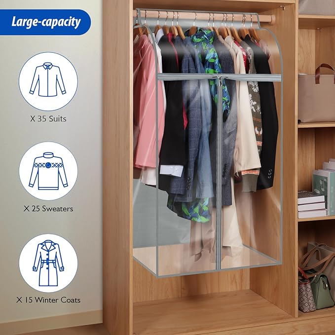 Zilink 43" Hanging Garment Bags for Hanging Clothes Clear Clothes Storage Bag Bottom Enclosed Garment Rack Cover Clothing Organizer for Suits, Fur Coat, Leather Jacket, Sweater,Shirt