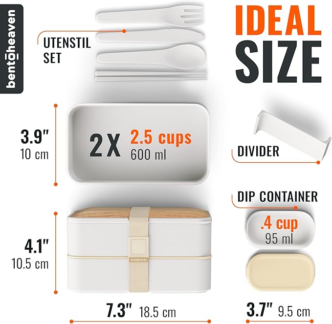 Bentoheaven Premium Bento Box Adult Lunch Box with Compartments for Women & Men, Set of Utensil & Chopsticks & Dip Container, Cute Japanese Kids Bento Lunch Box, Microwavable (Bright Light)