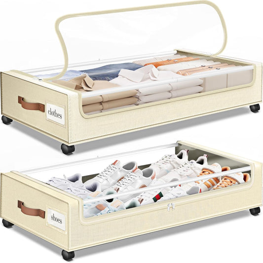 Under Bed Storage with Wheels 2Pack Underbed Storage with Clear Window&Label Under Bed Drawers Large Capacity Rolling Under Bed Storage for Clothes,Shoes, Blankets (Beige)