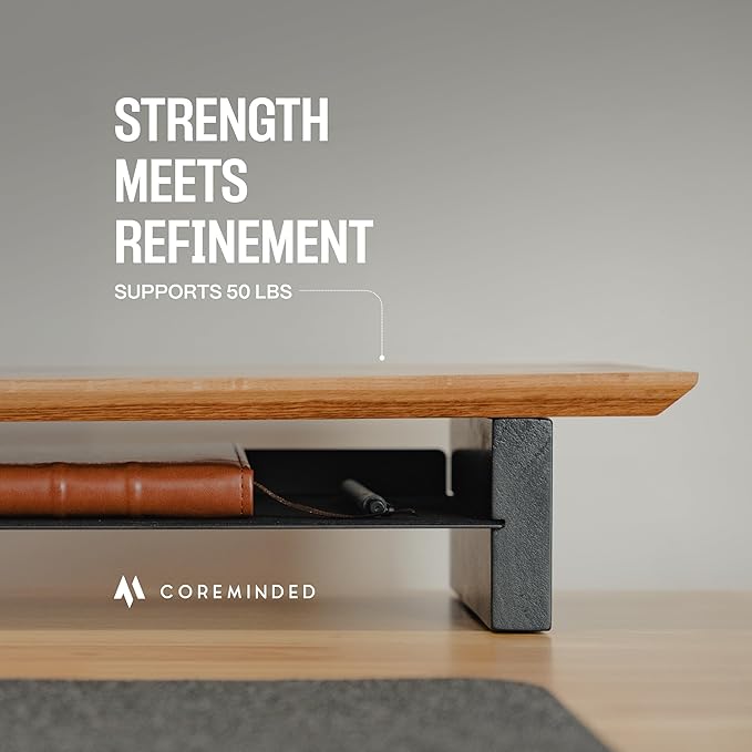 Solid Wood Dual Monitor Stand Riser – 43" Oak Desk Shelf for 2 Monitors with Tray & Wool Felt, Organizer for Desktop, Laptop and Office (Solid Oak)