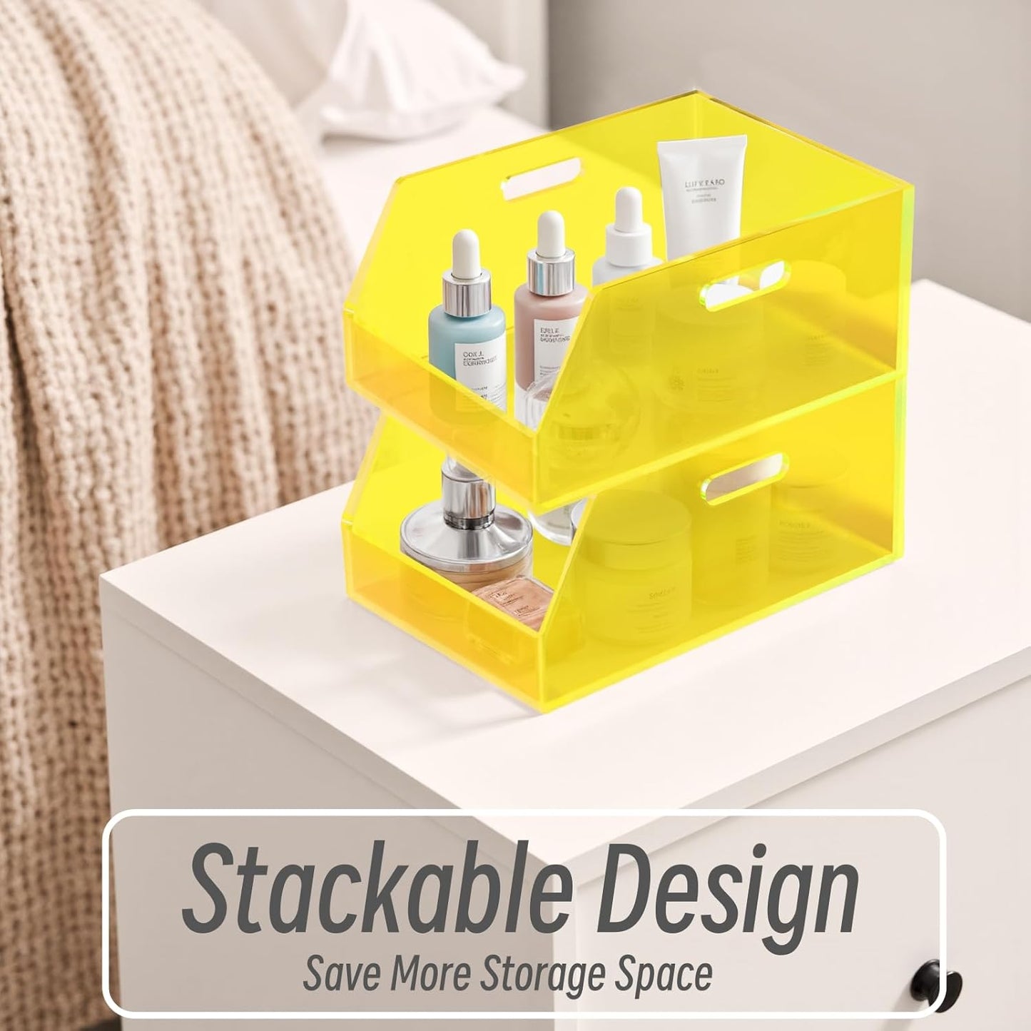 Stackable Large Storage Bin Organizer with Handles Acrylic Storage Container for Toy Pantry Kitchen Cabinet Bathroom Closet Office Organization, 15.4x11.4x6.7'', Neon Yellow