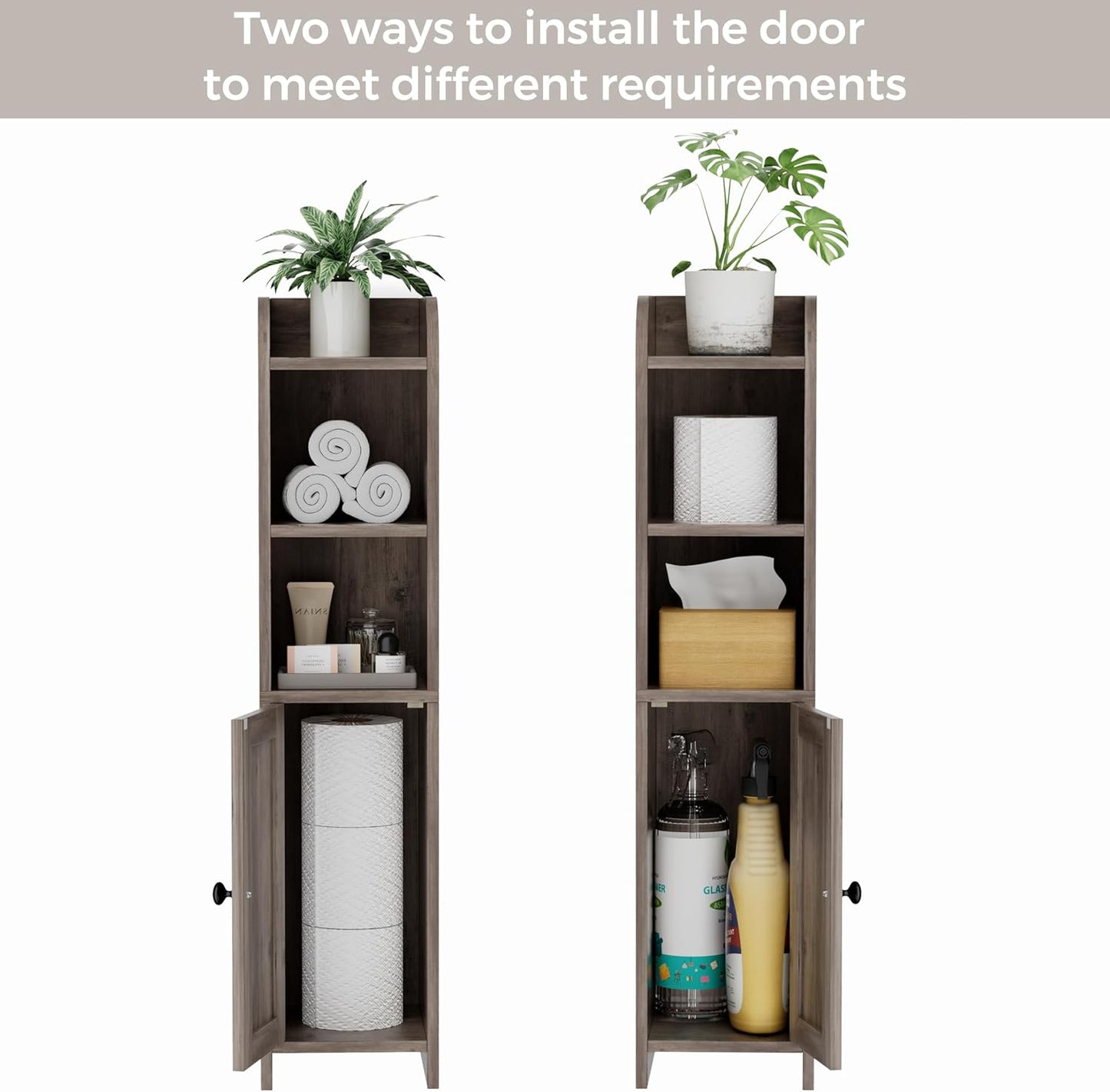 Homhedy Small Bathroom Storage Corner Floor Cabinet with Door and Shelves, Beside The Toilet Paper Stand for Skinny, Narrow Toilet Paper Cabinet, 7.9" D x 7.1" W x 31" H, Greige