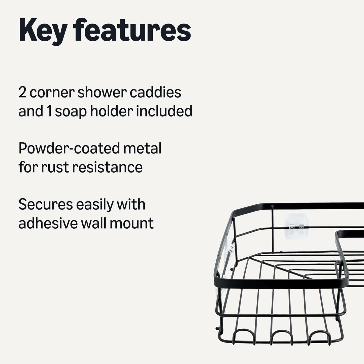 Amazon Basics Corner Shower Caddy Organizer, Stainless Steel, Black, Set of 3