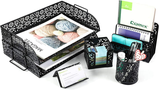 EasyPAG Desk Organizers and Accessories 5 Pieces Office Supplies Set - 2 Tier Paper Tray, Pencil Organizer for Desk, Mail Sorter Countertop, Business Card Holder and Sticky Note Holder, Black