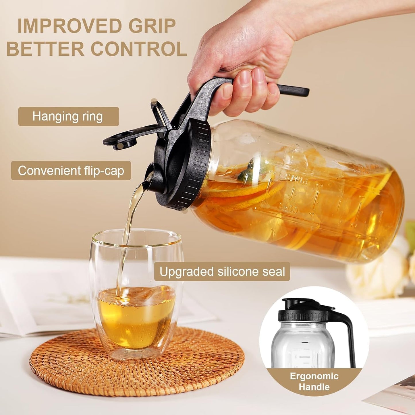 2 Pack 64 oz Glass Pitcher with Lid for Fridge, Half Gallon Pitcher with Lid, Leak Proof, Wide Mouth, 1/2 Gallon Glass Juice Jug for Ice Tea and Coffee (Black)