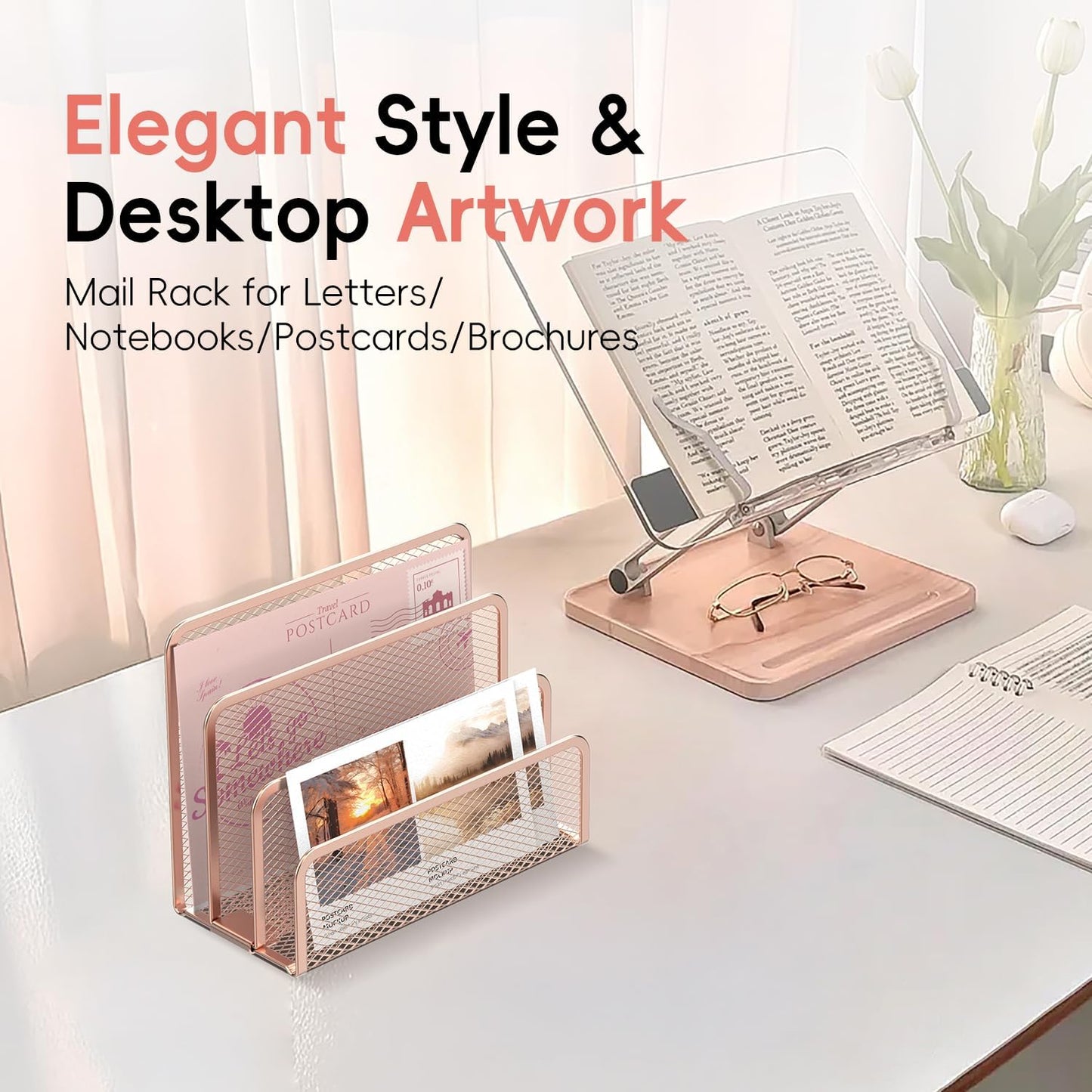 SUPEASY Mail Organizer for Desk, Mesh Metal Mail Holder Countertop with 3-Slot, Letter Sorter File Holder, Office Envelope Organizer for Mails (Rose Gold)