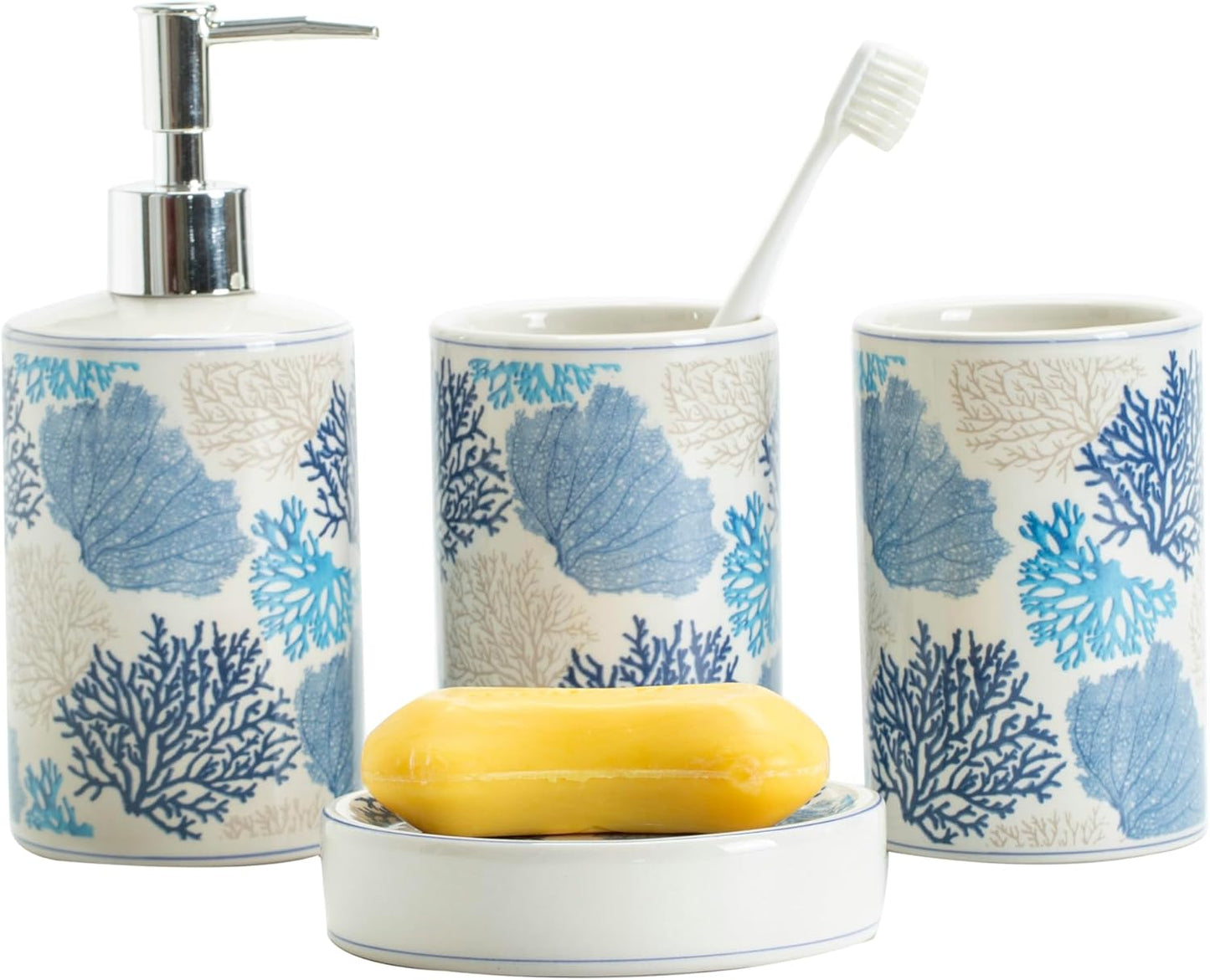 Blue Coral Bathroom Accessories Set Porcelain Coastal Bath Decor soap Dispenser Toothbrush Holder bumbler soap Dish Jewelry Tray Bathroom countertop Set for Beach Seaside Ocean Theme Bathroom Decor