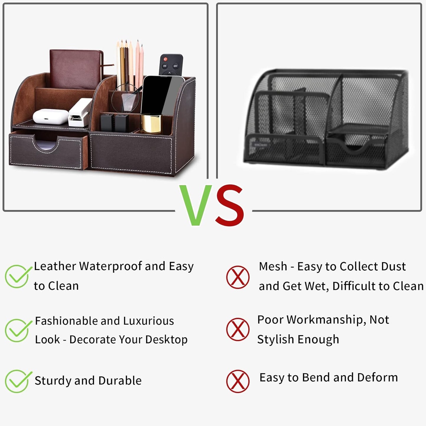 KINGFOM Pu Leather Desk Organizer Pen Pencil Holder Office Supplies Caddy Storage Box 6 Compartments with Drawer Brown