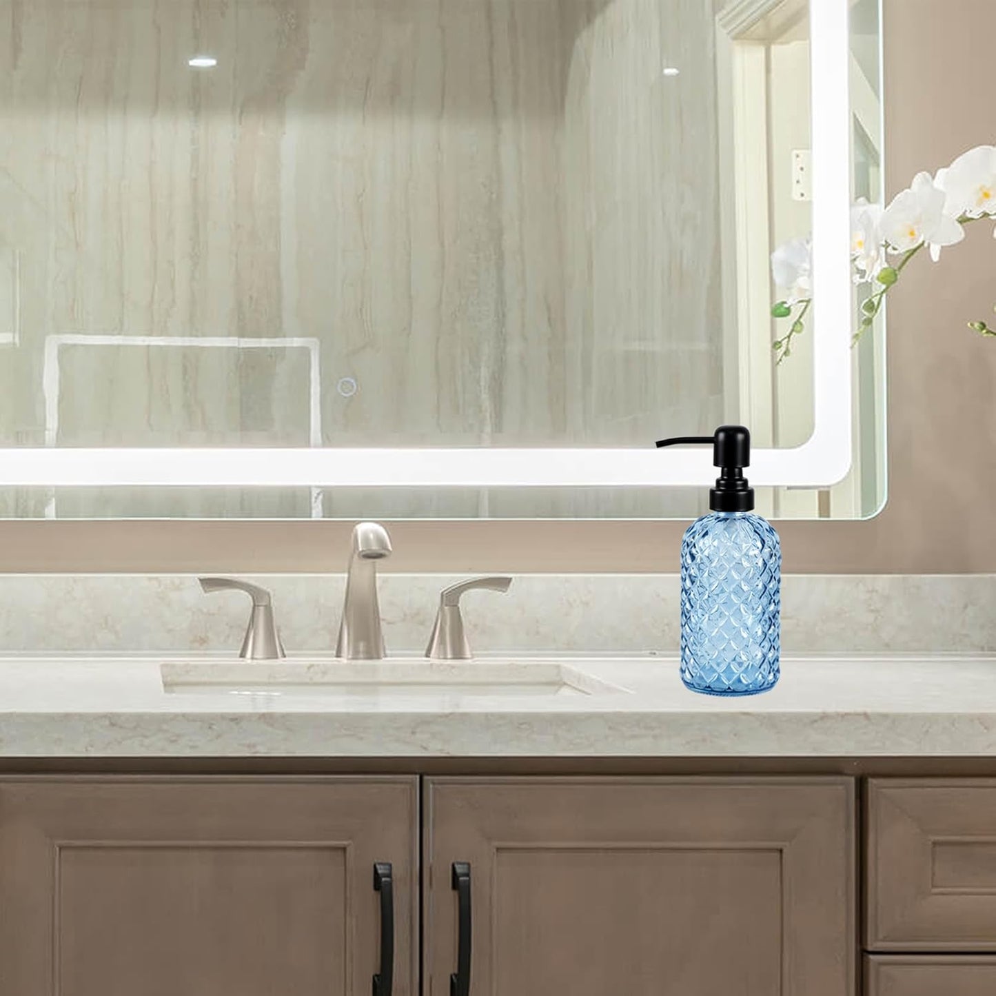 12Oz Glass Soap Dispenser with 304 Black Rustproof Stainless-Steel Pump, Refillable Glass Soap Dispenser for Kitchen, Bathroom, Farmhouse (Blue)