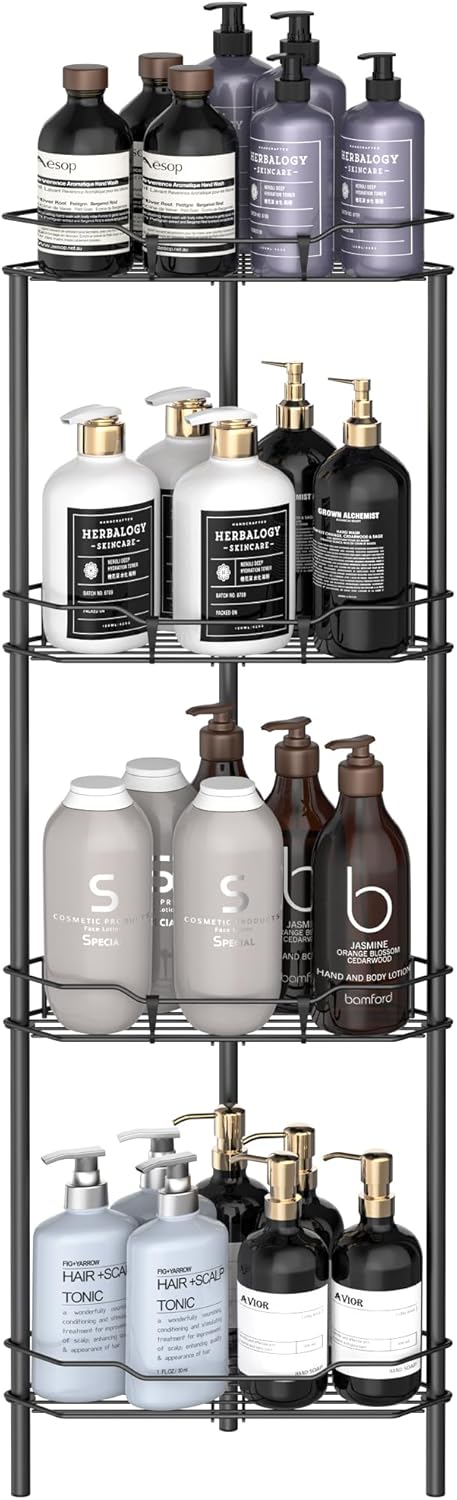 4 Tier Floor Standing Corner Shower Caddy Organizer Shelf with Hooks, Bathroom Shelves Stand Rack, Matt Black