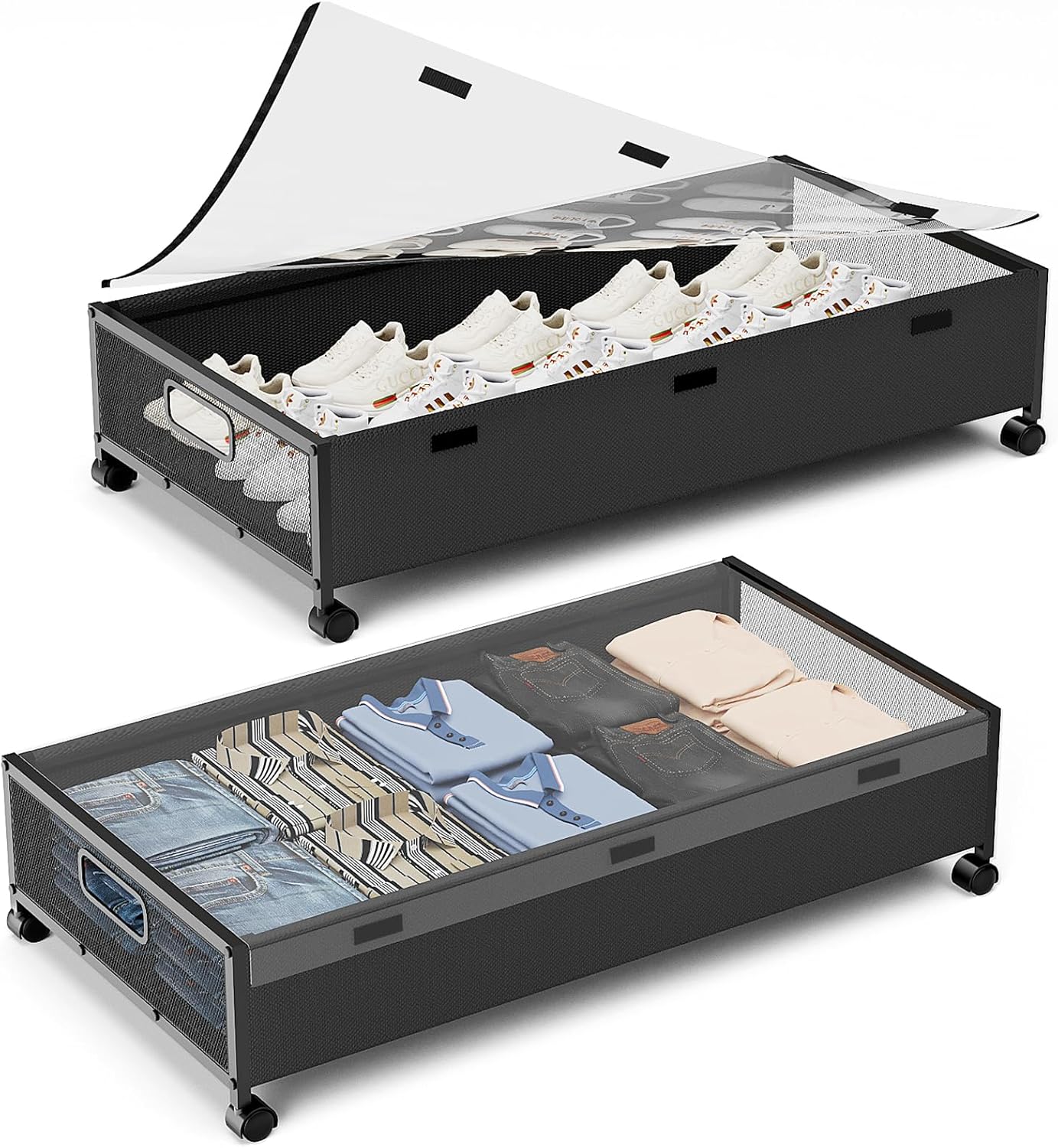 KITHELP Under Bed Storage Containers with Wheels, 2 Pack Underbed Shoe Storage Organizer with Removable Lids, Large Rolling Under Bed Storage Dresser Drawers for Clothes Toys Shoes Blankets