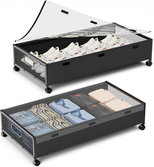 KITHELP Under Bed Storage Containers with Wheels, 2 Pack Underbed Shoe Storage Organizer with Removable Lids, Large Rolling Under Bed Storage Dresser Drawers for Clothes Toys Shoes Blankets