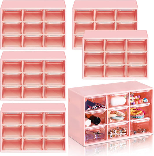 Amyhill 6 Pcs Mini Drawer Organizer Small Organizer with 9 Drawers Plastic Desktop Craft Storage Box for Office Home Room Jewelry Cosmetics Collection(Pink)