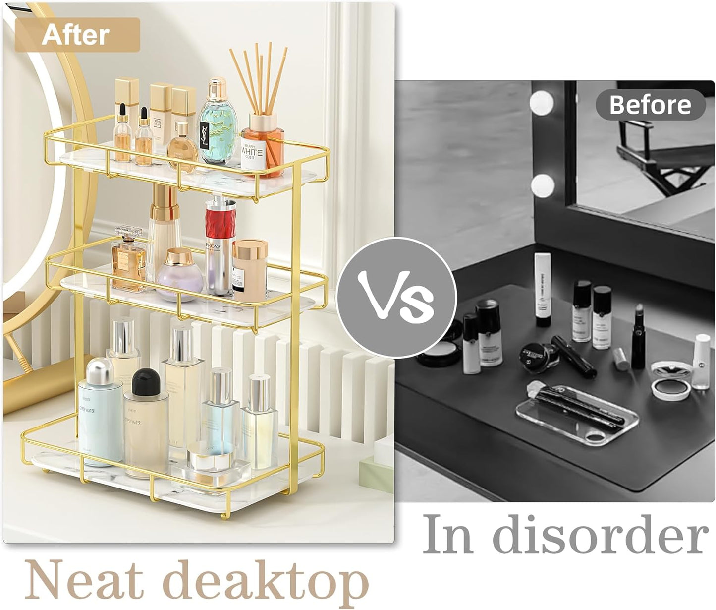 Bathroom Organizer Countertop Perfume Organizer Makeup Organizer Cosmetics Storage Display Rack Vanity Tray Dresser Stainless Steel Gold Shelf White Marble Ceramic Tray