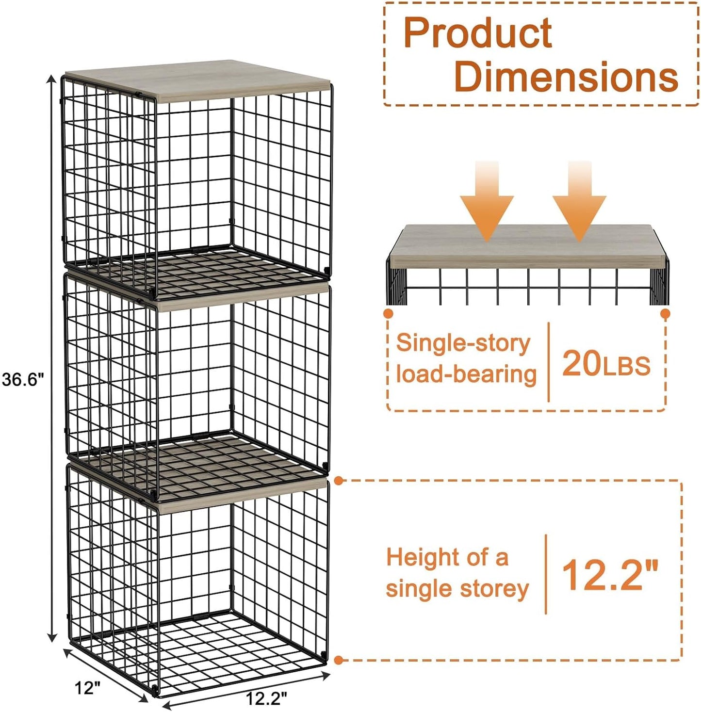 Storage Cubes - Heavy Duty Storage Bins for Shelves, Closet Organizers and Storage with Wood Top Extra Storage, Home Storage Cubes 3 Pack | Decorative Storage Baskets for Organizing Clothes Toys Books