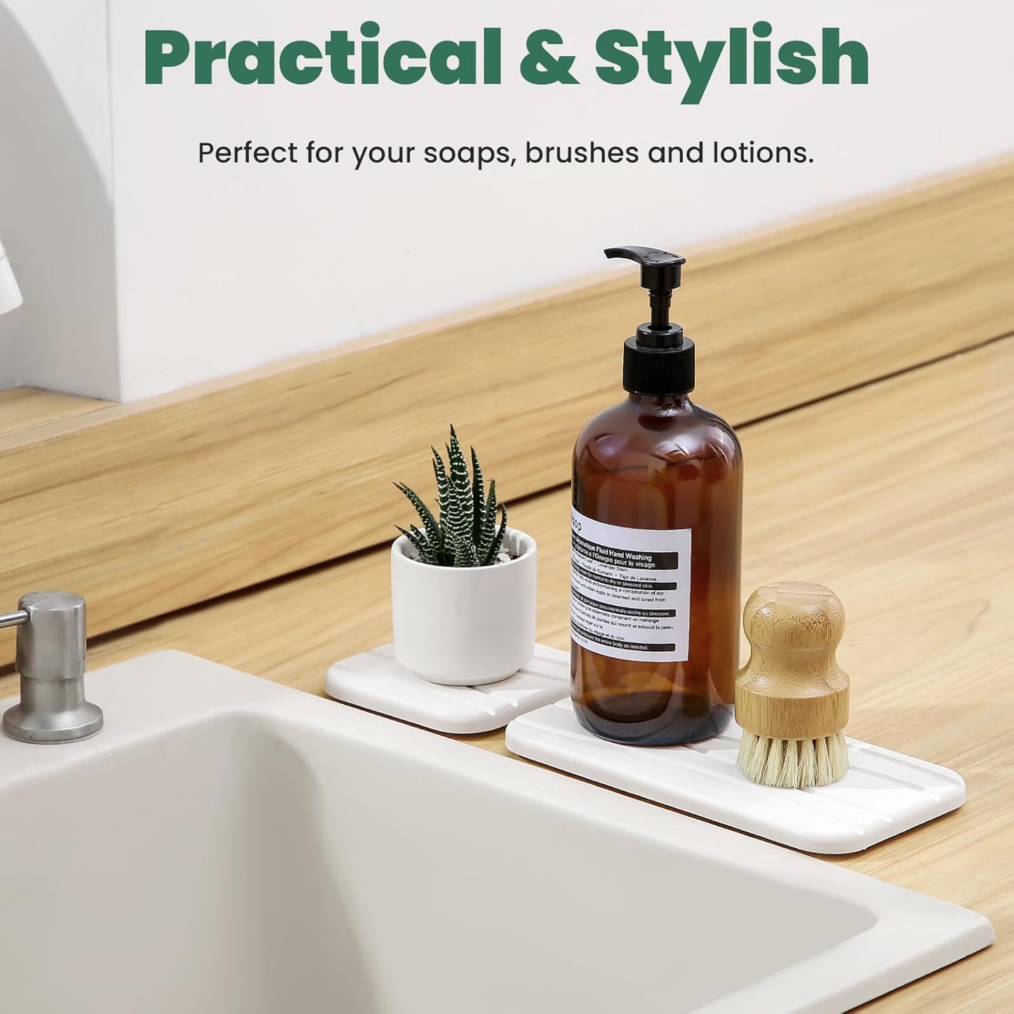 3PCS Water Absorbing Diatomaceous Earth Tray for Sink, Fast Drying Soap & Toothbrush Holders for Bathroom Counter, 1 Stone Tray, 2 Stone Coasters