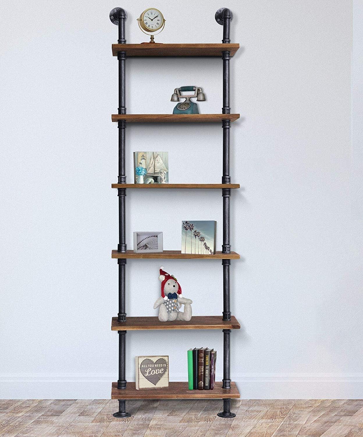 Diwhy Industrial Pipe Shelves Rustic Modern 24"W Wood Ladder Bookcase with Metal Frame, Pipe Wall Shelf, Wood Storage, Home Decor, Display Shelving, Retro Floating Shelving, 6 Layer Bookshelf (24"W)