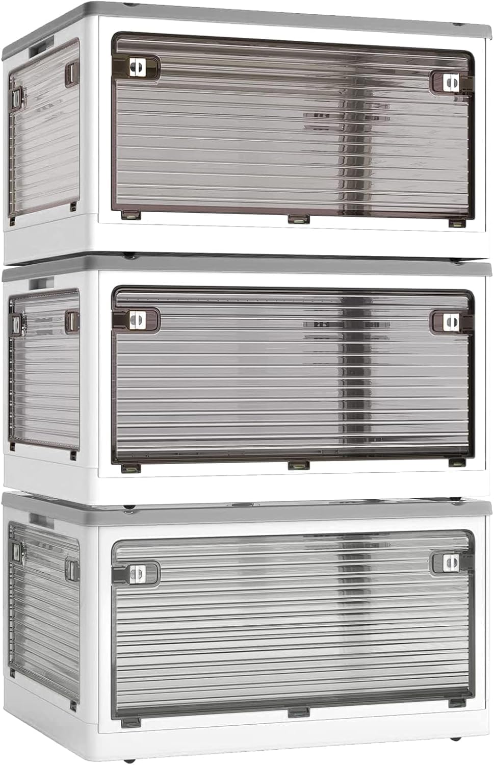 3 PACK Stackable Storage Bins, 83 Liters Closet Organizers with 3 Lids, Wheels, Drawers, Foldable Collapsible Box for Clothes and Camping Out Doors Bins, White