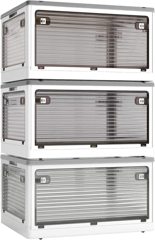 3 PACK Stackable Storage Bins, 83 Liters Closet Organizers with 3 Lids, Wheels, Drawers, Foldable Collapsible Box for Clothes and Camping Out Doors Bins, White