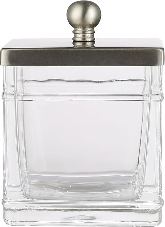 Apothecary Glass Cotton Jar Holder Brushed Nickel Stainless Steel Lid, Elegant Bathroom Storage Canister for Qtips, Cotton Balls, Floss, Makeup Organizer, Vanity Bathroom Organization