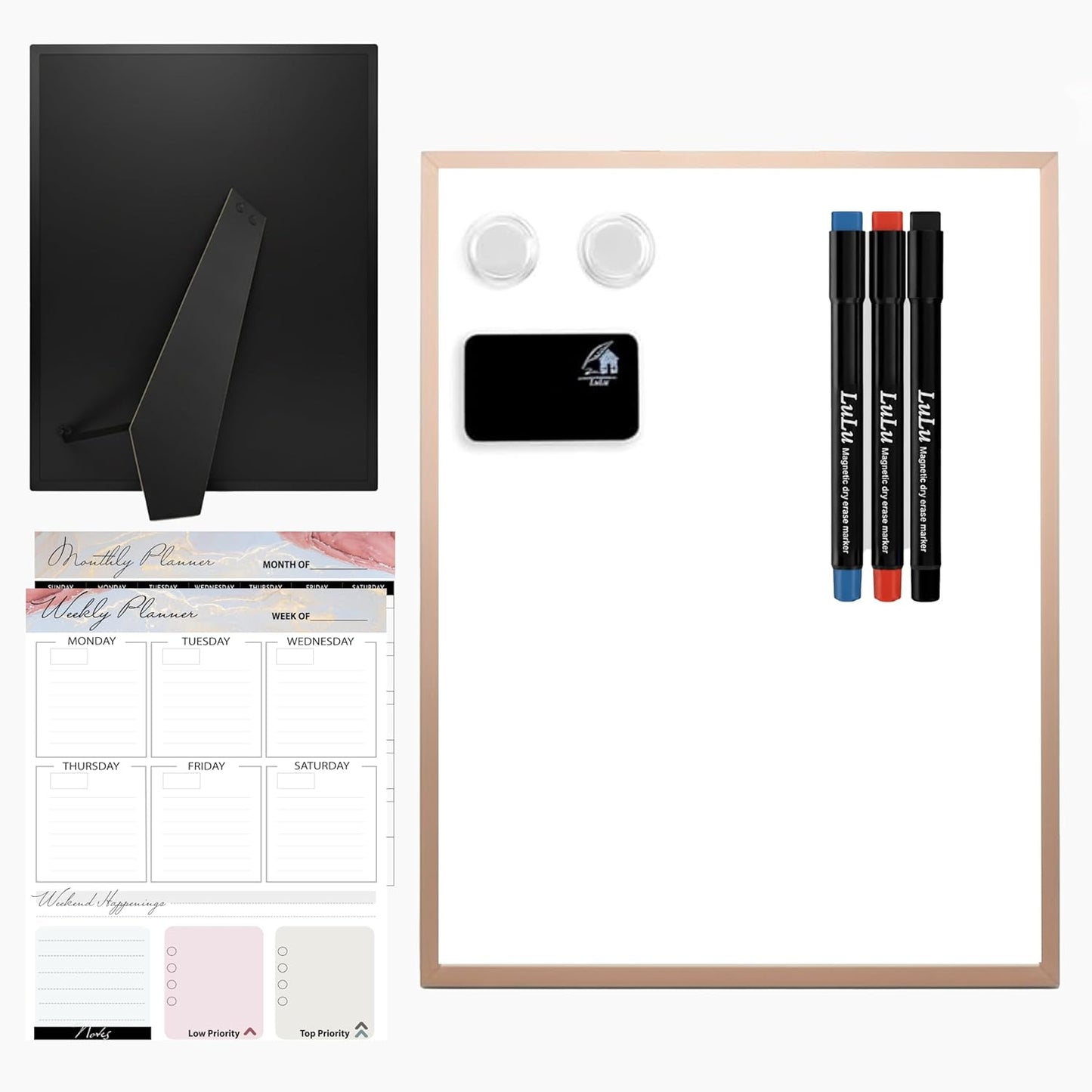 Small Whiteboard 12 x 16 Inch Magnetic Dry Erase Board with Stand & Wall Mount | Rose Gold Aluminum Frame | Planner Board with Weekly & Monthly Sheets | 3 Markers, Eraser & 2 Magnets