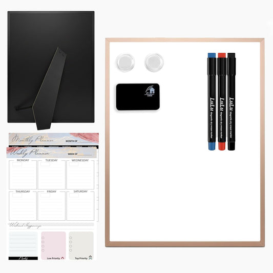 Small Whiteboard 12 x 16 Inch Magnetic Dry Erase Board with Stand & Wall Mount | Rose Gold Aluminum Frame | Planner Board with Weekly & Monthly Sheets | 3 Markers, Eraser & 2 Magnets