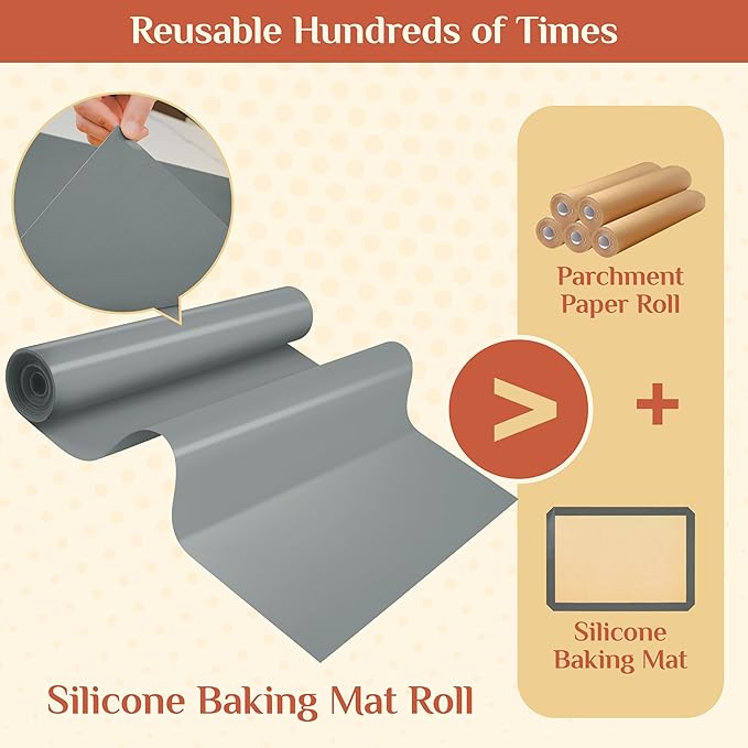 Silicone Baking Mat, 16 IN x 10 FT Free Cutting Baking Sheet, Non-Stick Reusable Dough & Pastry Mat, Non-Slip Silicone Mat Roll for Air Fryer Liner, Freeze Dryer, Oven Baking Pan, Kitchen Counter