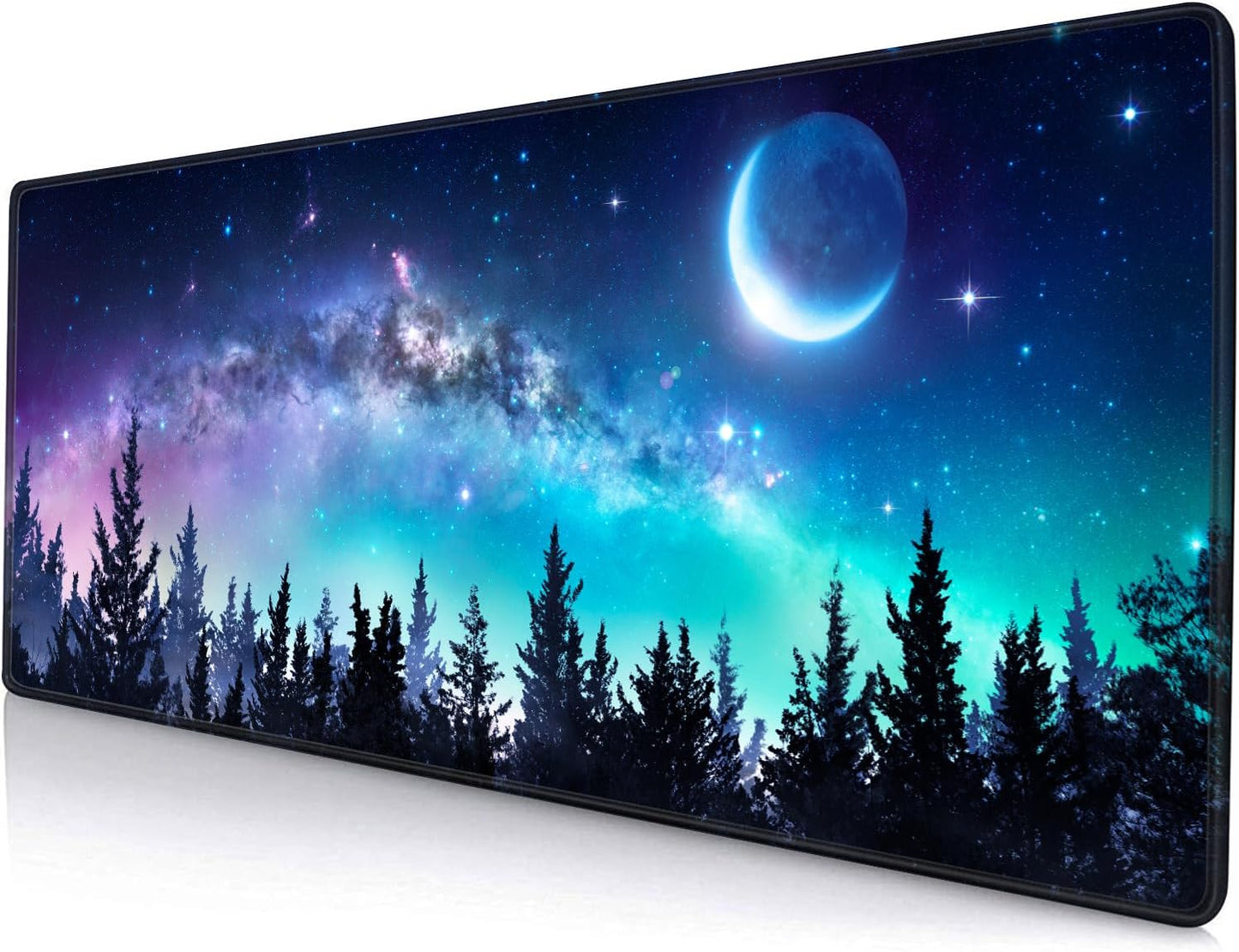 Gaming Large Mouse Pad with Stitched Edges, Galaxy Desk Mat, Extended Keyboard Pad, Non-Slip Rubber Base Desk Pad for Keyboard and Mouse, 31.5X11.8 inch, Moon Starry Sky
