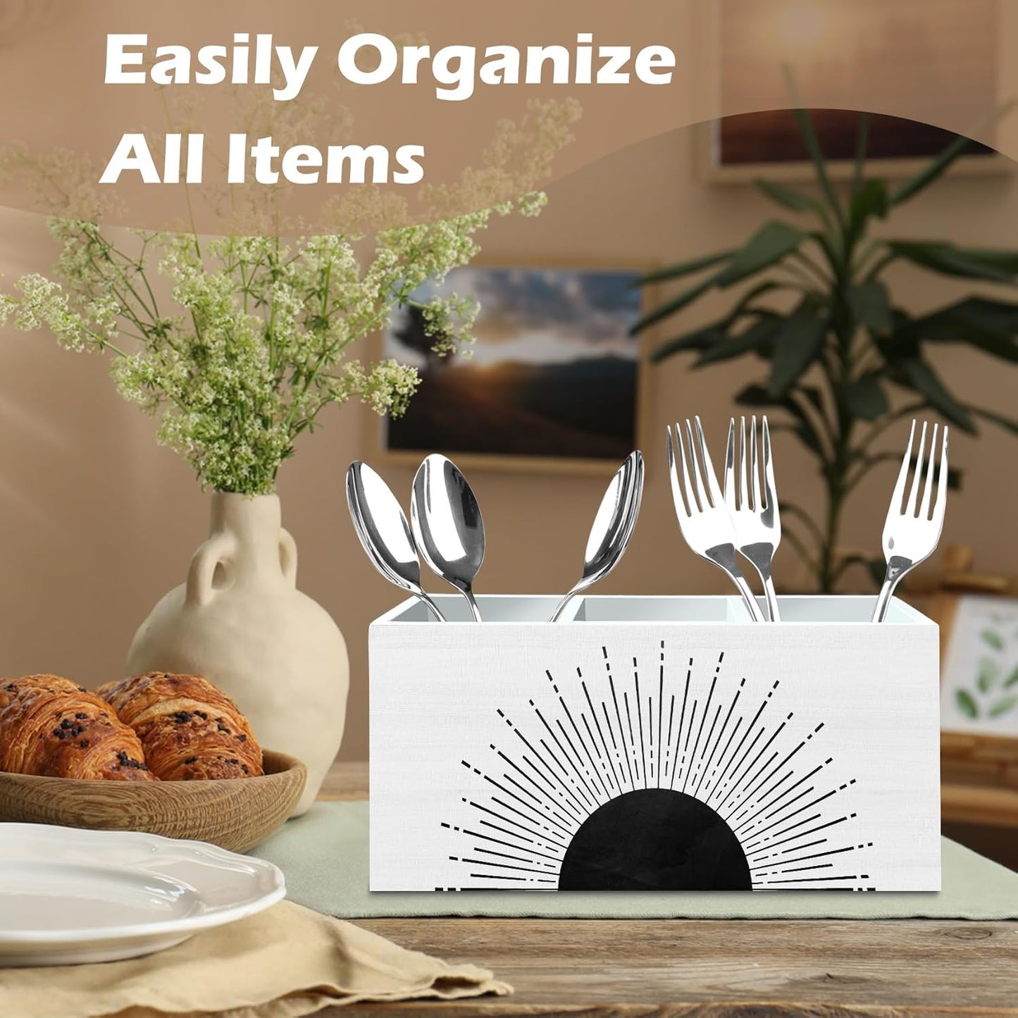 DILSJ Boho Abstract Sunshine Pen Pencil Holder Organizer for Desk, Boho Office Decor, Black and White Mid Century Modern Minimalist Sunshine Wooden Box Signs for Home Office Desk Tabletop Decoration