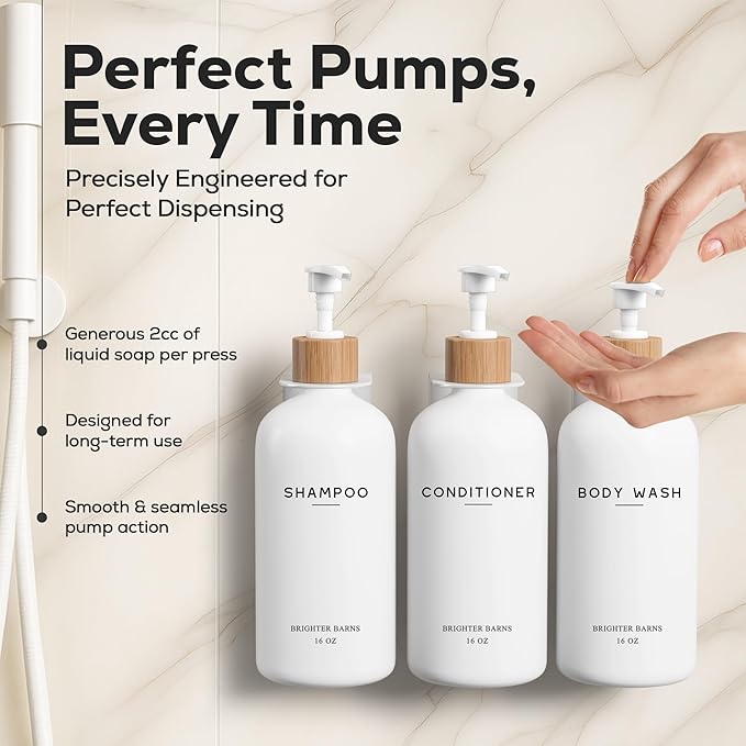 White Shampoo and Conditioner Dispenser Set Wall Mounted by Brighter Barns - Shower Dispenser 3 Chamber No Drill - Refillable Shampoo and Conditioner Bottles for Shower Wall in Airbnb, Hotel (White)