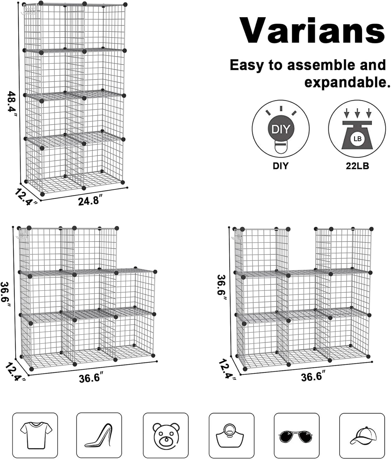 C&AHOME Wire Cube Storage, 8 - Cube Organizer Metal C Grids, Modular Shelves Units, Closet Organizer, Ideal for Home, Office, Living Room, 24.8" L x 12.4" W x 48.4" H, Silver Gray UWCS3008G